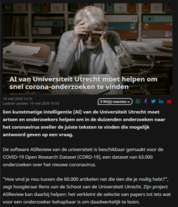 AI van Universiteit Utrecht moet helpen om snel corona-onderzoeken te vinden
